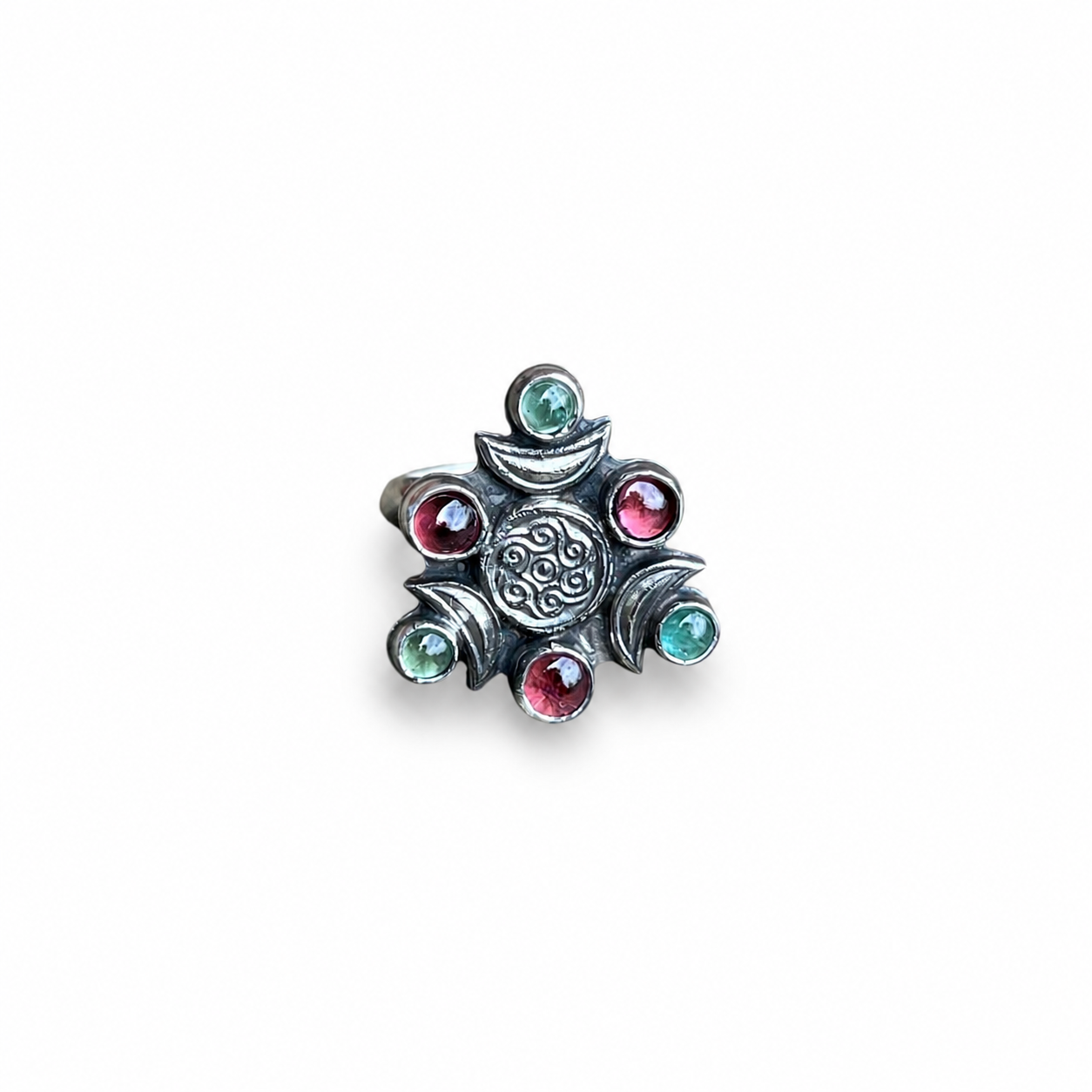 Wandering Moon Ring with Garnets and Emeralds Adjustable Ring Sterling Silver Median Size 8