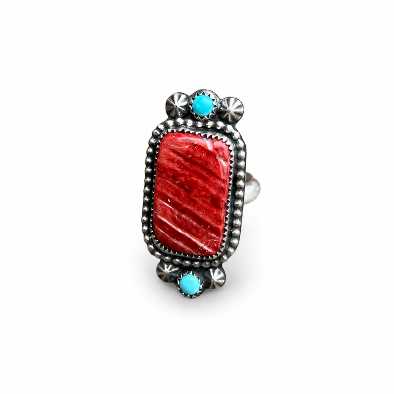 Red Spiny Oyster and Kingman Turquoise Adjustable Ring Sterling Silver Median Size 8