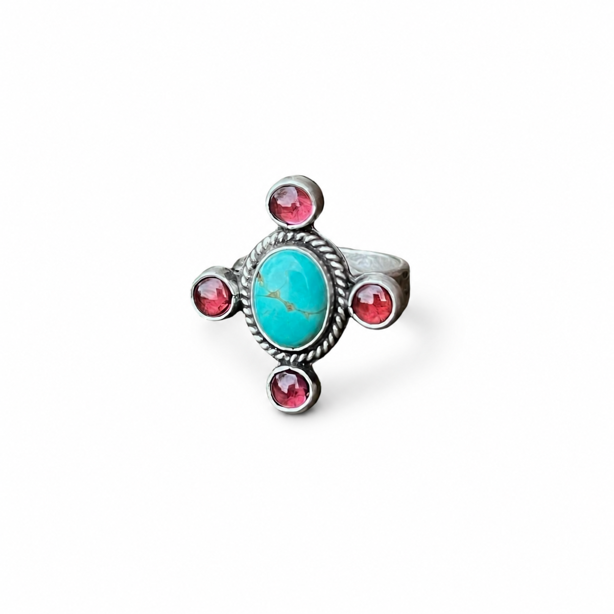 Sterling Silver Cross Ring with Royston Turquoise and Garnets Size 8