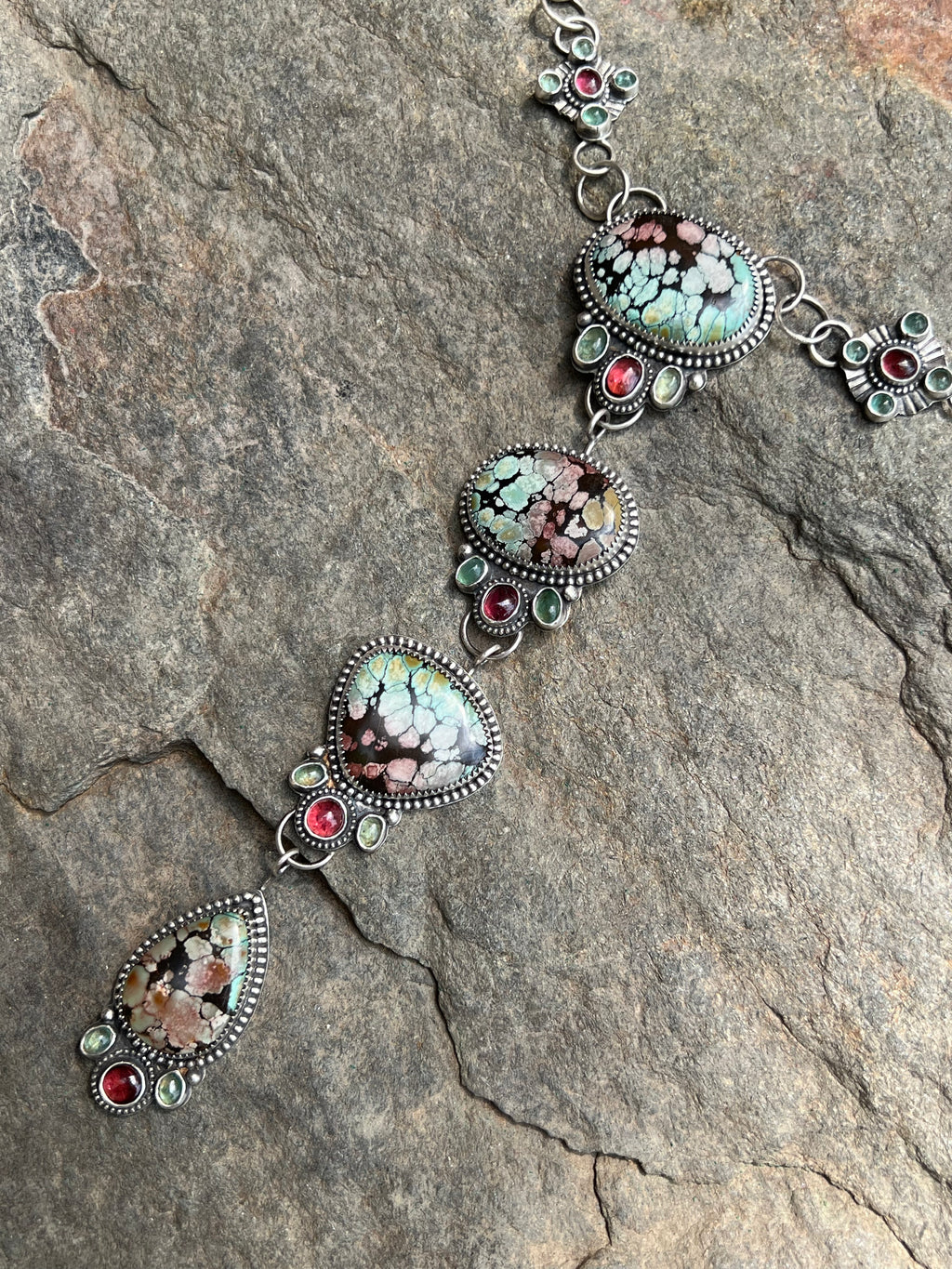 Polychrome Hubei Turquoise with Emeralds and Garnets in a Sterling Silver Lariat Necklace