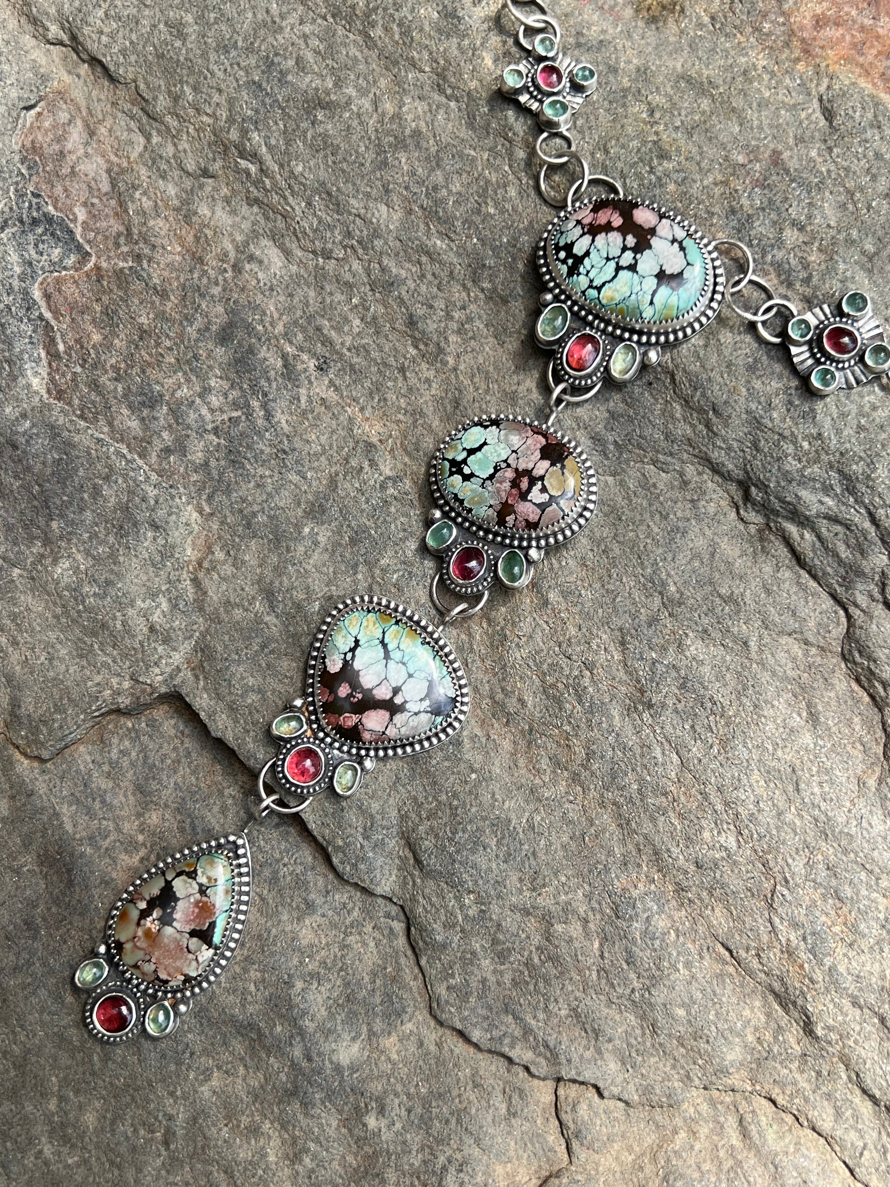 Polychrome Hubei Turquoise with Emeralds and Garnets in a Sterling Silver Lariat Necklace