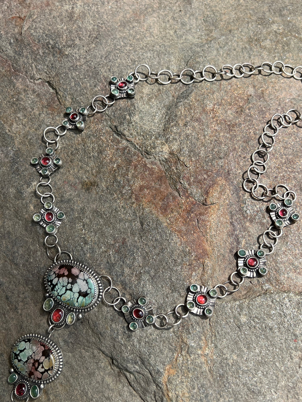 Polychrome Hubei Turquoise with Emeralds and Garnets in a Sterling Silver Lariat Necklace