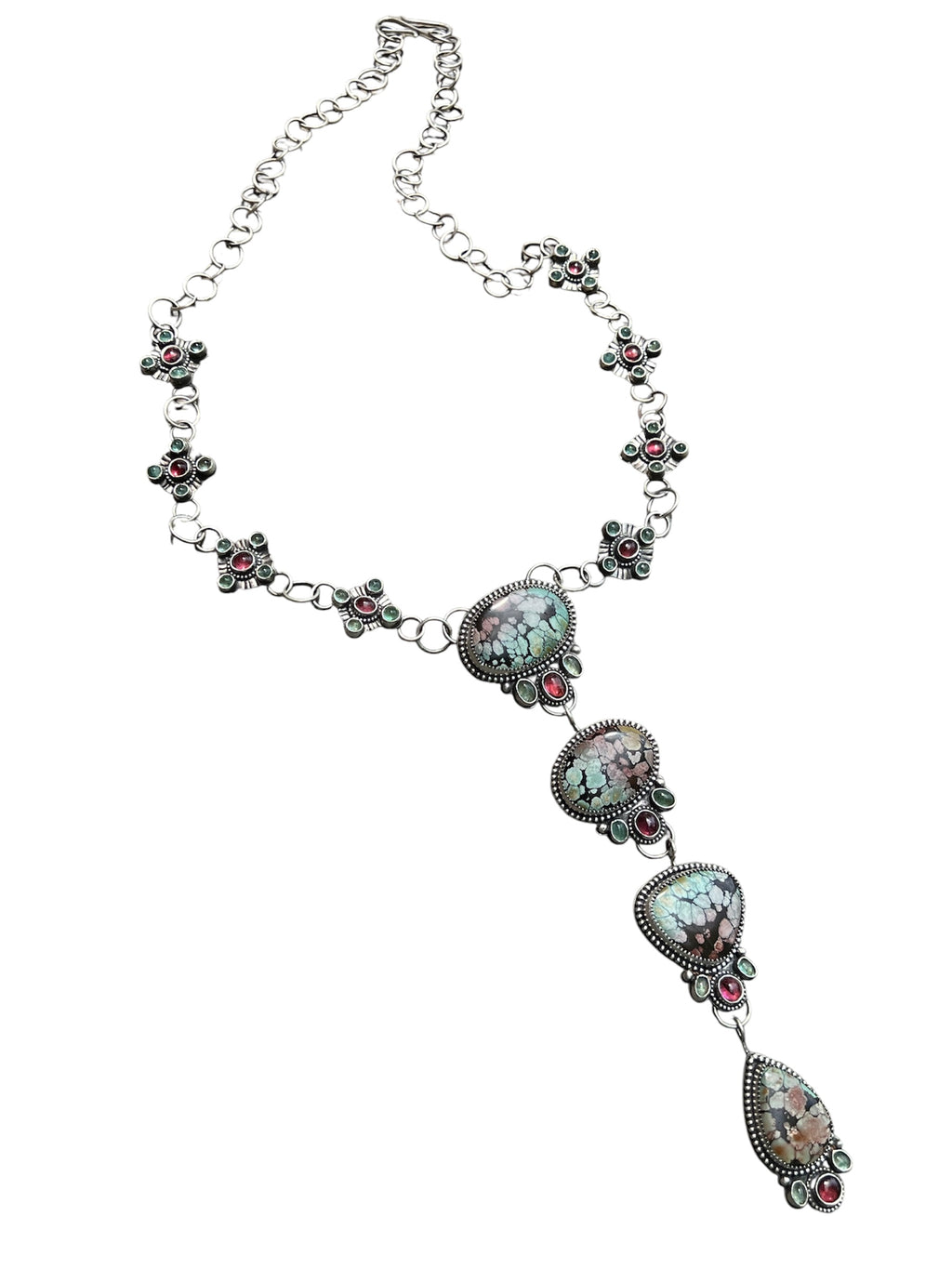 Polychrome Hubei Turquoise with Emeralds and Garnets in a Sterling Silver Lariat Necklace