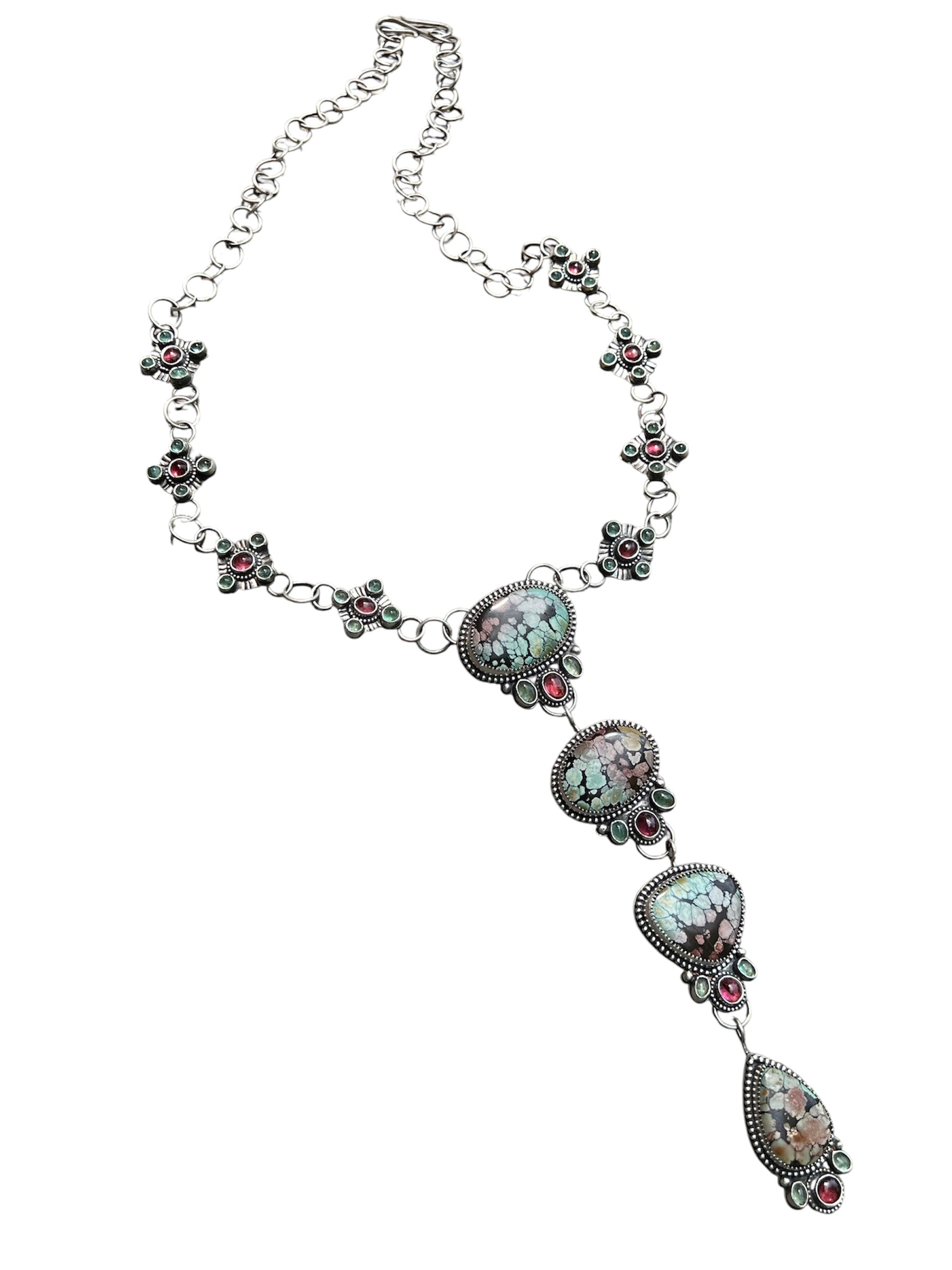 Polychrome Hubei Turquoise with Emeralds and Garnets in a Sterling Silver Lariat Necklace