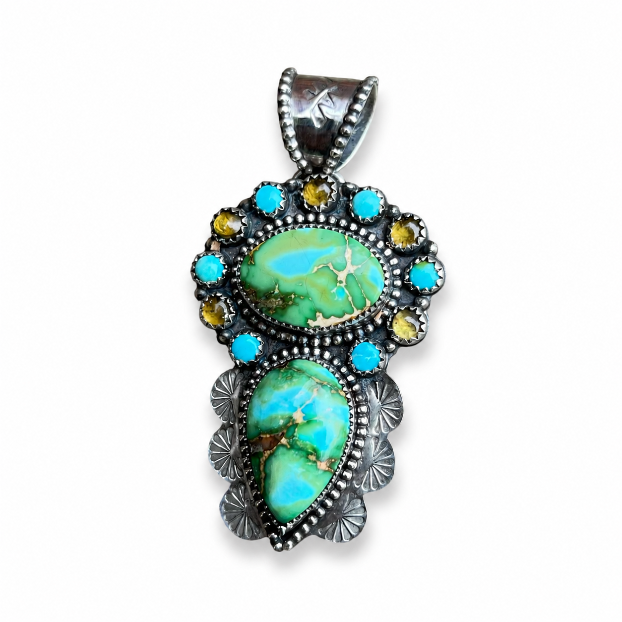 Sonoran Gold Turquoise with Kingman and Peridot Pendant in Silver