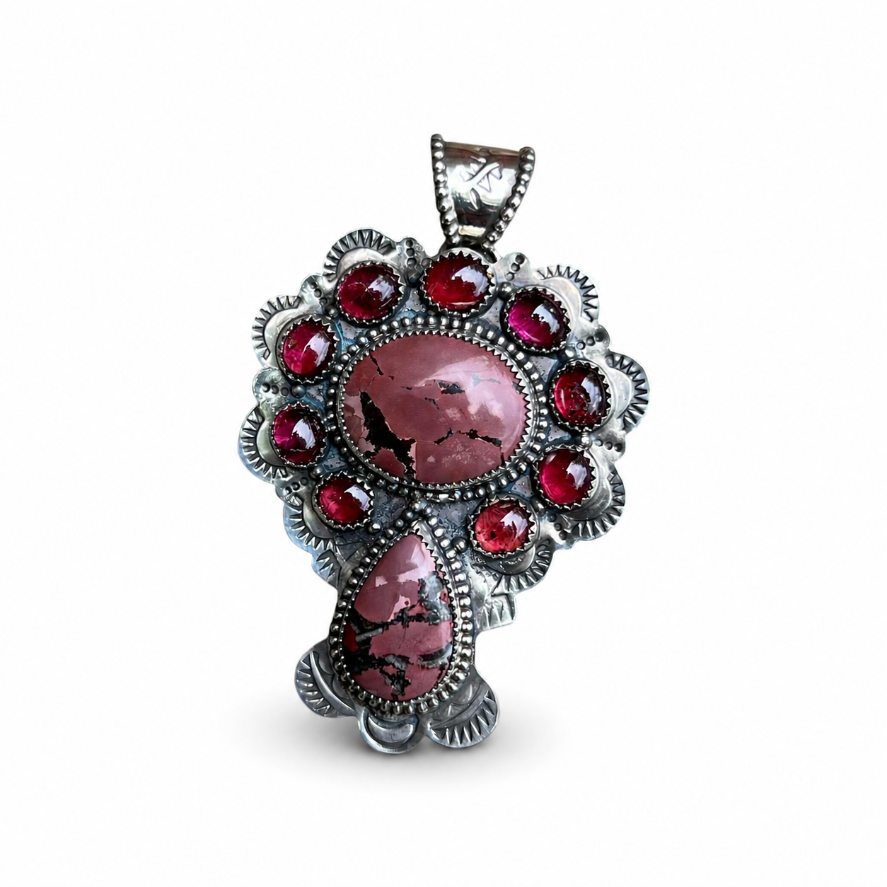 Mauve Hubei Turquoise with Garnets Cluster Pendant in Silver