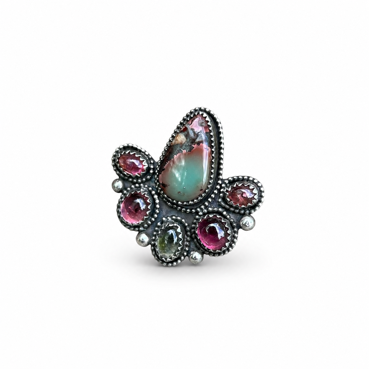 Wildflower Sky Ring with Hubei Polychrome Turquoise and Tourmaline accents Sterling Silver Size 7