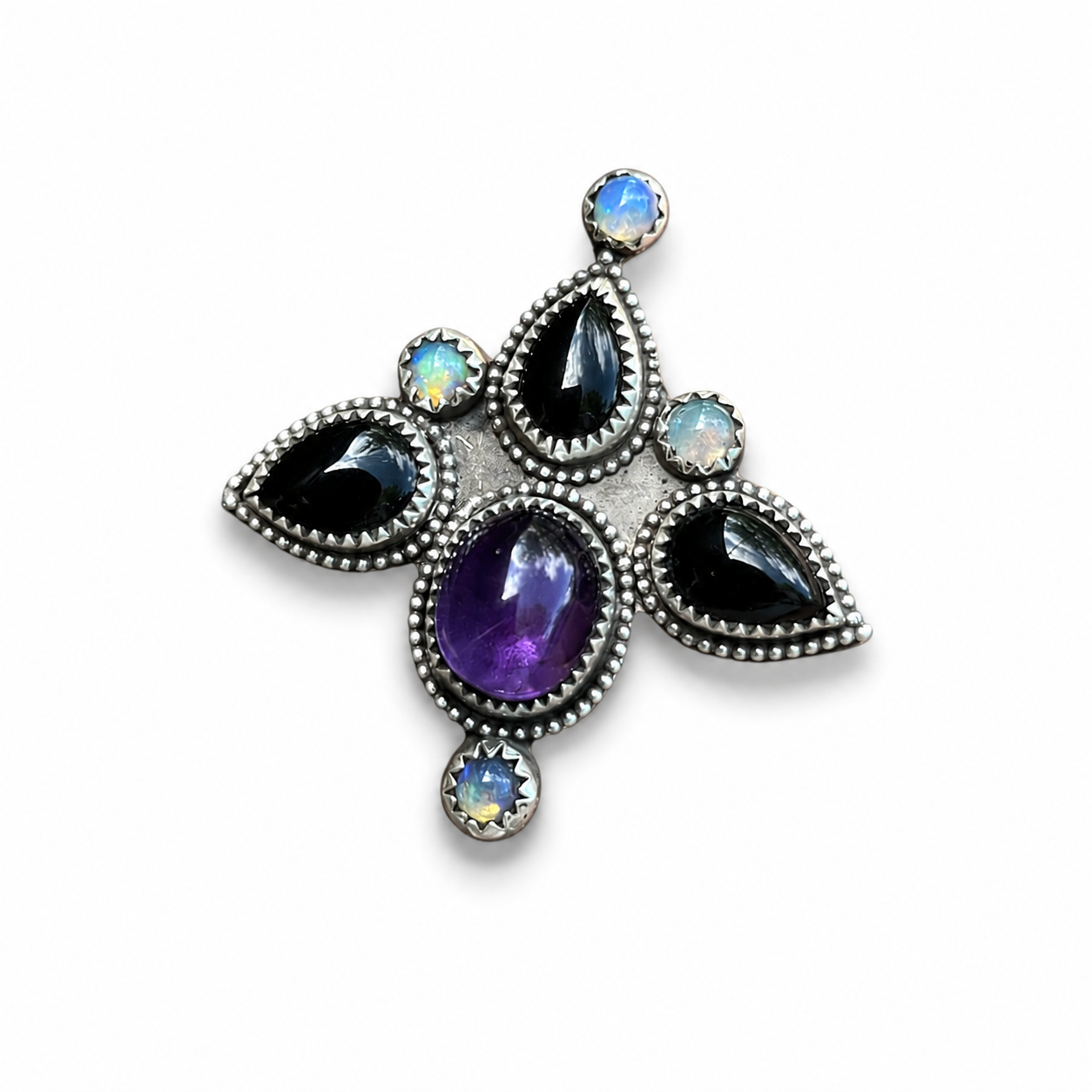 Midnight Songbird Ring with Amethyst, Onyx, and Opal Sterling Silver Size 7 1/2
