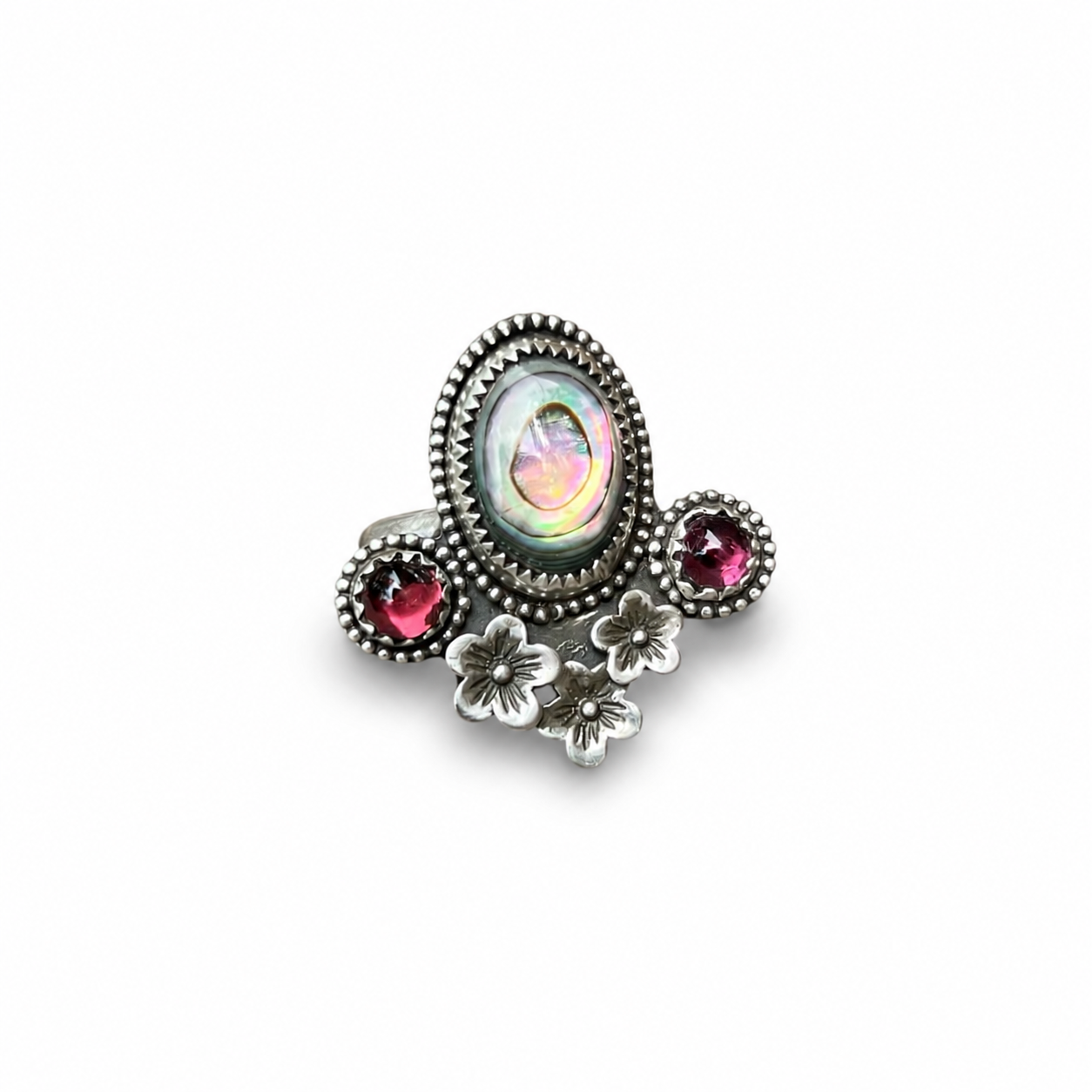 Abalone and Garnet Ring in Sterling Silver Size 7 1/2