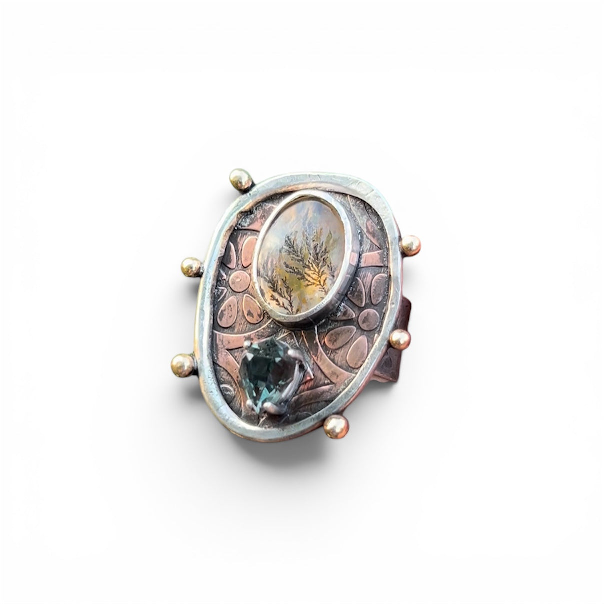 Dendritic Quartz with Umba Sapphire Ring in Sterling Silver and Copper Size 8