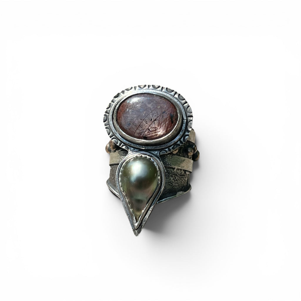 Star Sapphire and Tahitian Pearl Ring in Sterling Silver Size 11