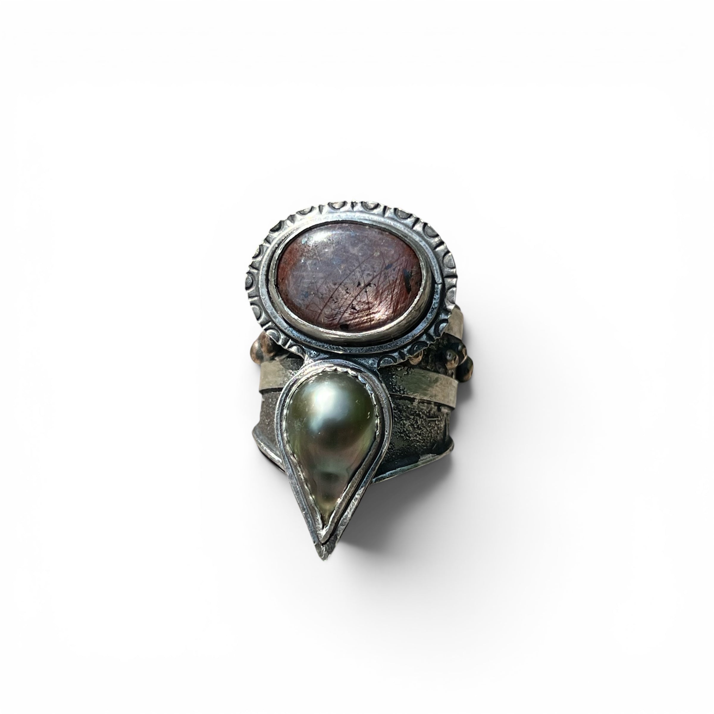 Star Sapphire and Tahitian Pearl Ring in Sterling Silver Size 11