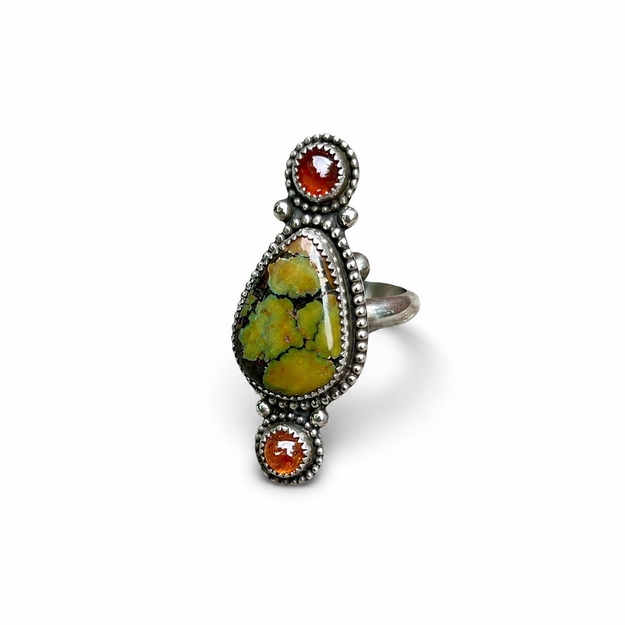 Hubei Turquoise with Spessartine Garnets Adjustable Ring Sterling Silver Median Size 8