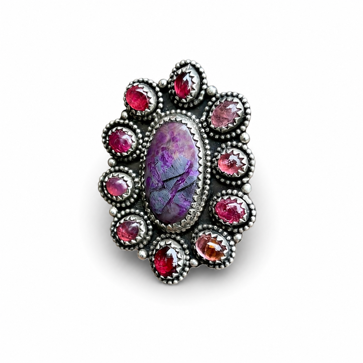 Sugilite Halo Ring with Tourmaline in Silver Adjustable Median Size 8