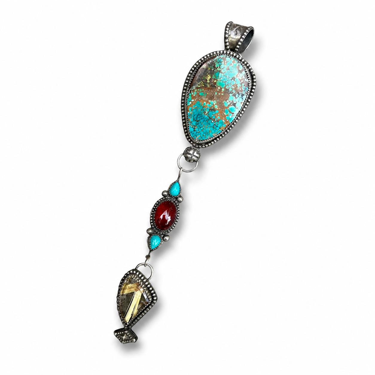 Hubei Turquoise with Hessonite Garnet, Kingman Turquoise, & Golden Rutile in Quartz Triple Drop Silver Pendant