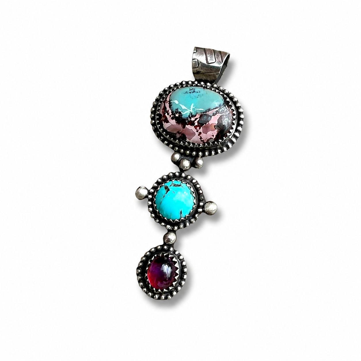 Hubei Turquoise and Garnet Silver Pendant