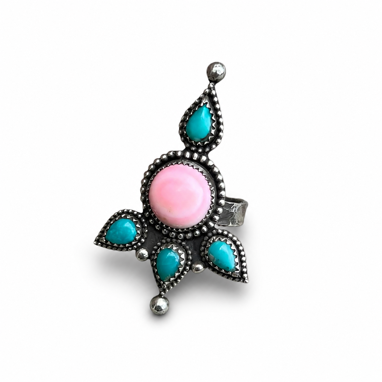 Pink Conch Shell with Kingman Turquoise Ring Sterling Silver Size 8