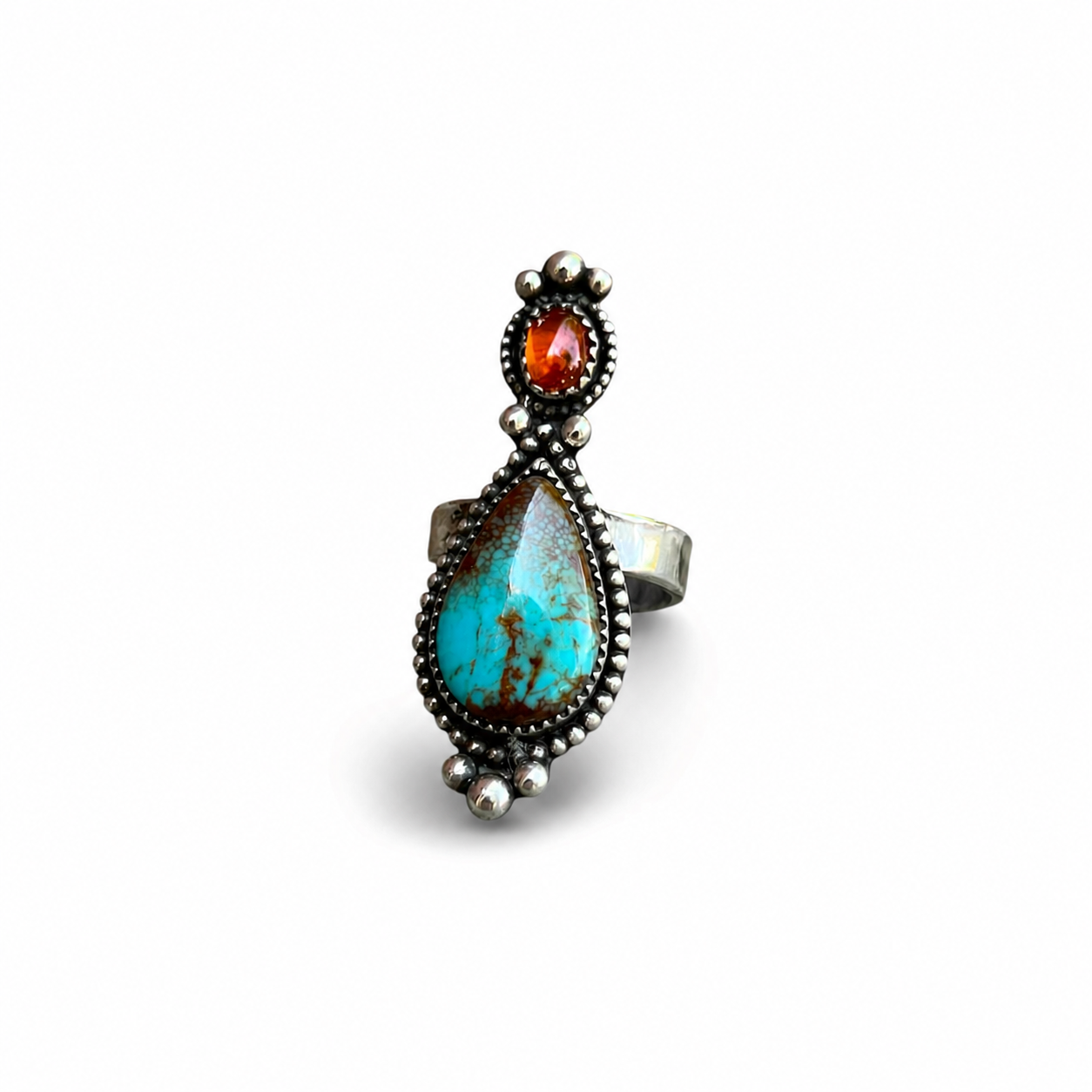 Royston Turquoise with Spessartine Garnet Ring Sterling Silver Size 8