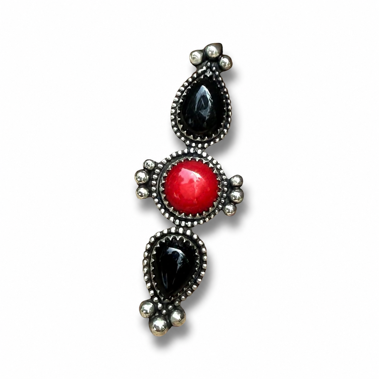 Black Onyx and Coral Ring Sterling Silver Size 7