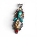 Kachina Inspired Turquoise with Welo Opal and Mediterranean Coral in Silver Pendant