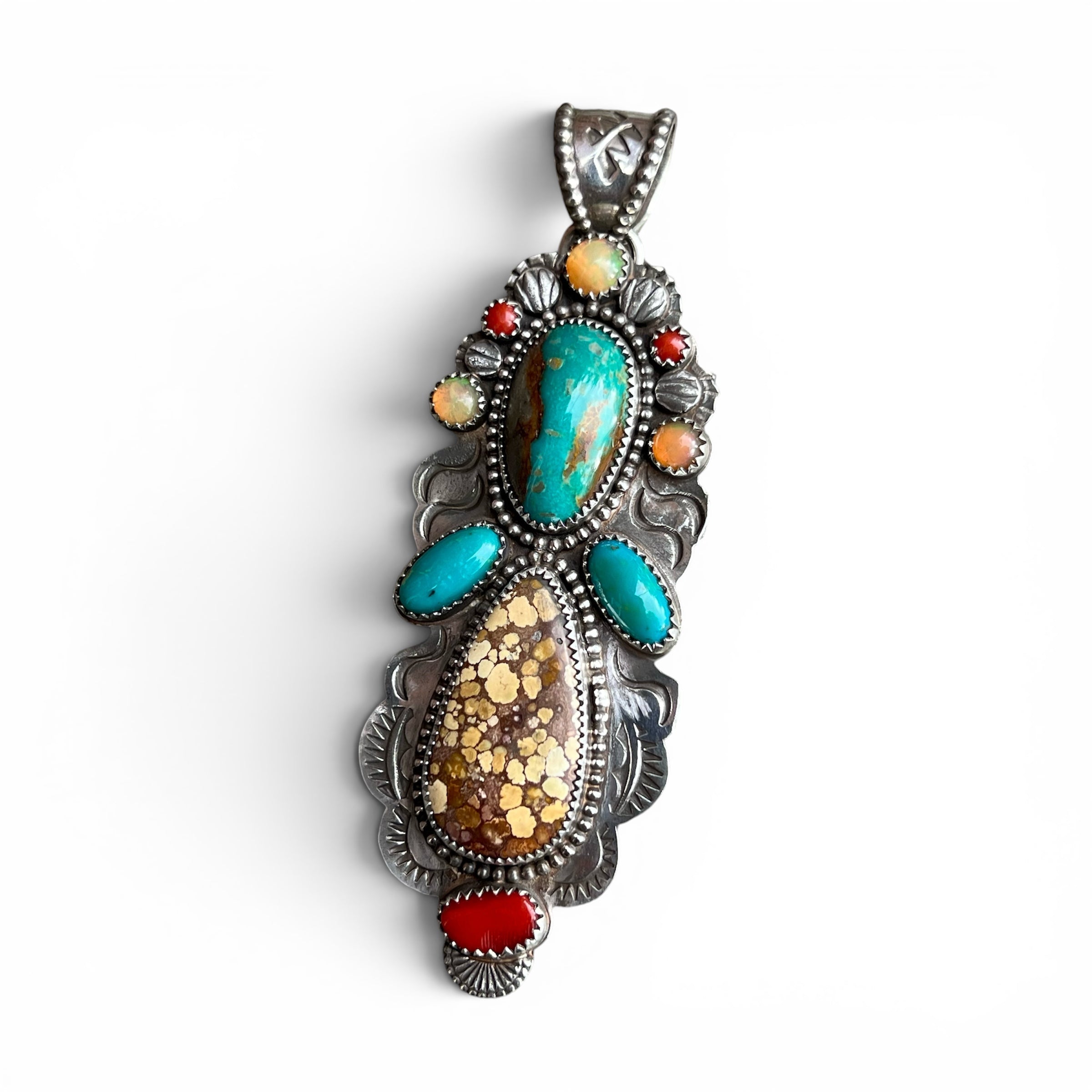 Kachina Inspired Turquoise with Welo Opal and Mediterranean Coral in Silver Pendant