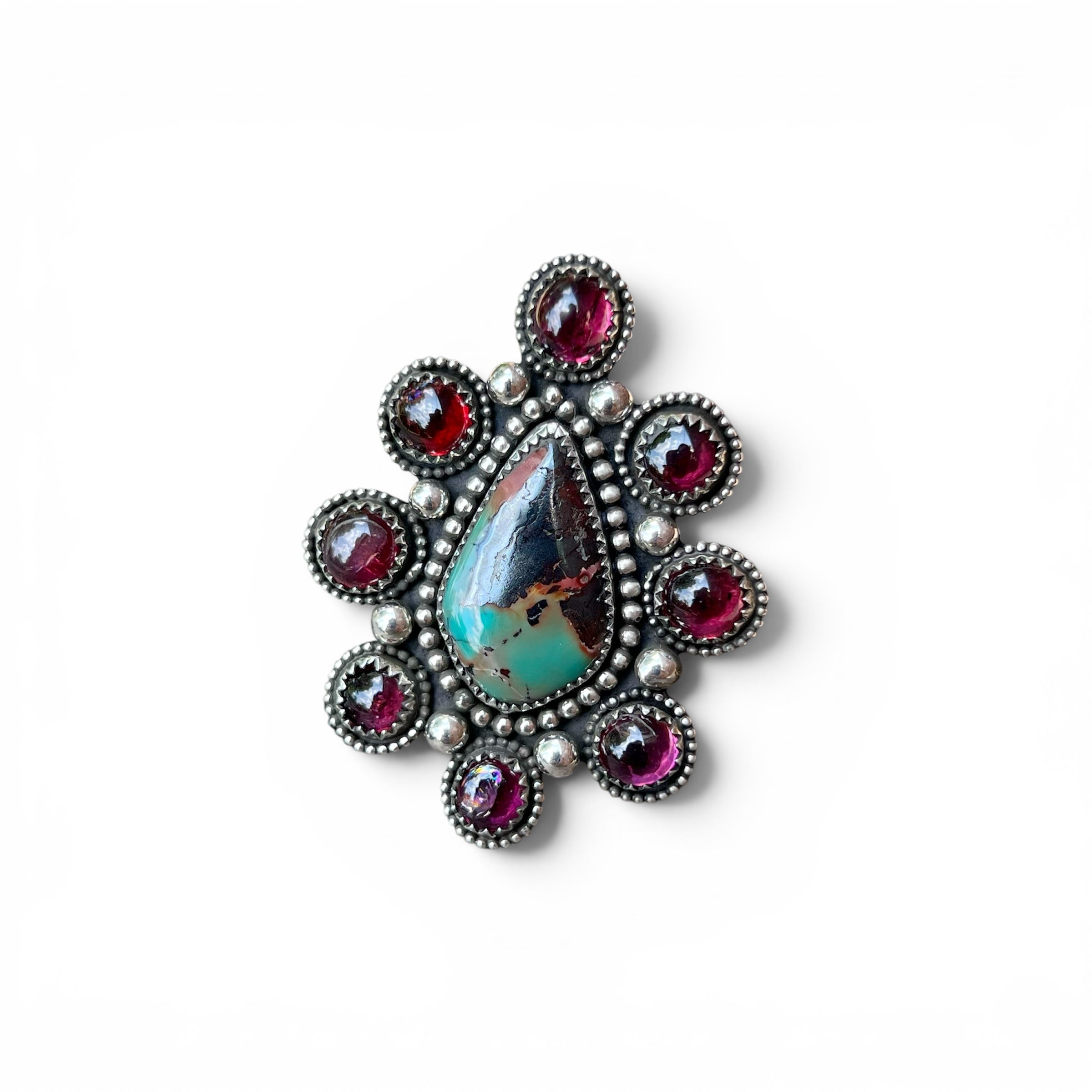 Hubei Polychrome Turquoise with Rhodolite Garnets Cluster Ring Sterling Silver Size 10