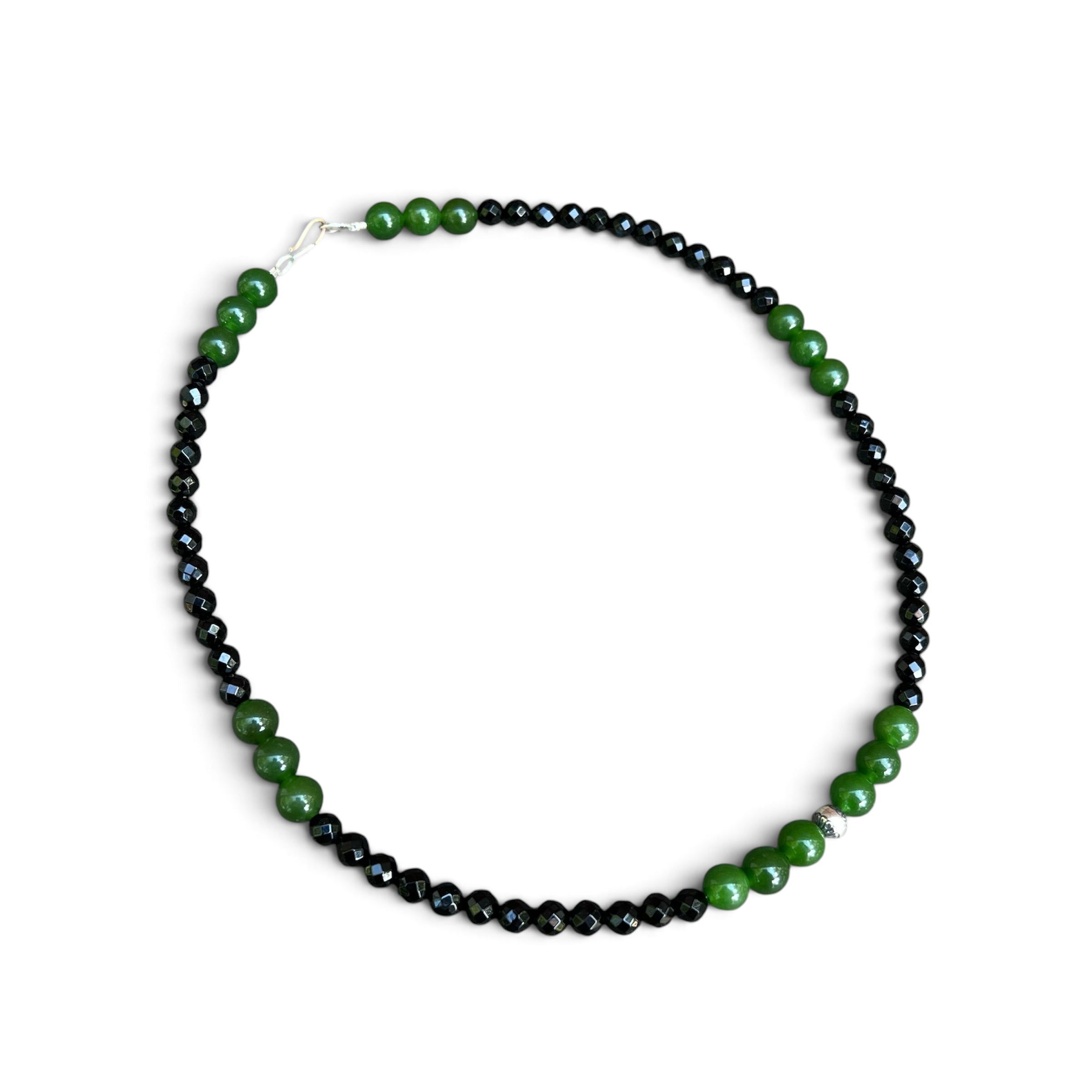 Apple Green Jade and Black OnyxBeaded Necklace with Sterling Silver Clasp Jewelry