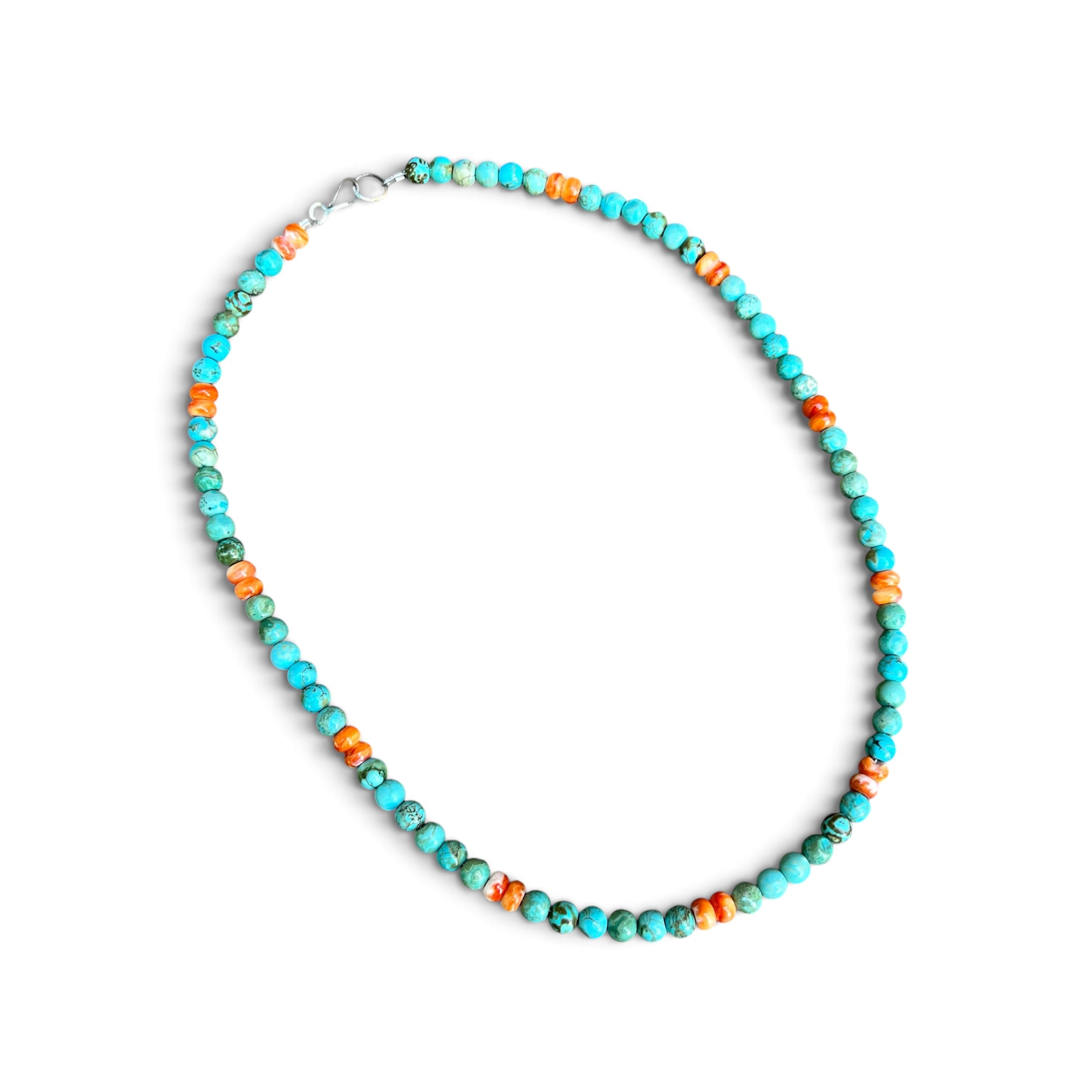 Turquoise and Orange Spiny Oyster Beaded Necklace with Sterling Silver Clasp Jewelry