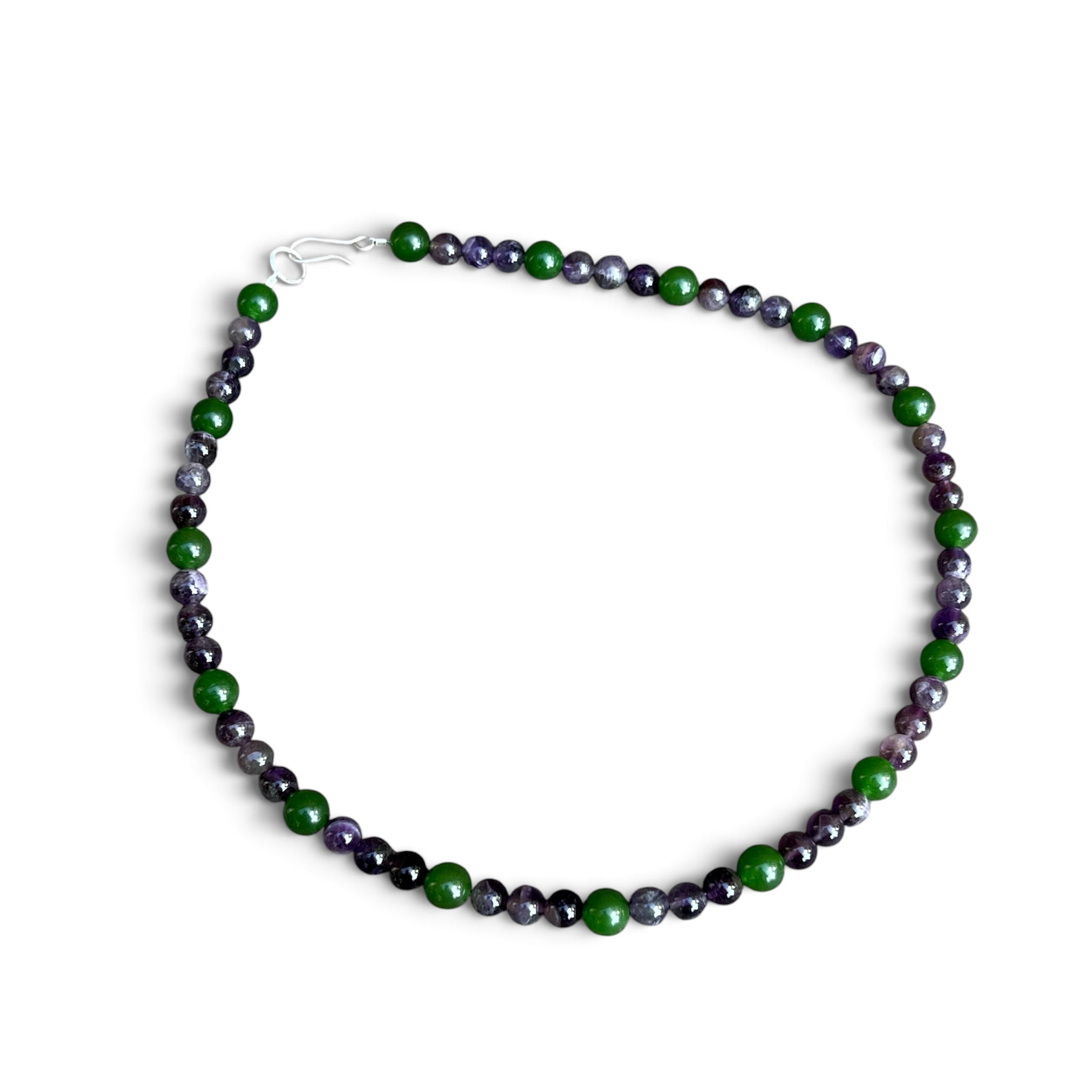 Amethyst and Green Jade Beaded Necklace with Sterling Silver Clasp Jewelry