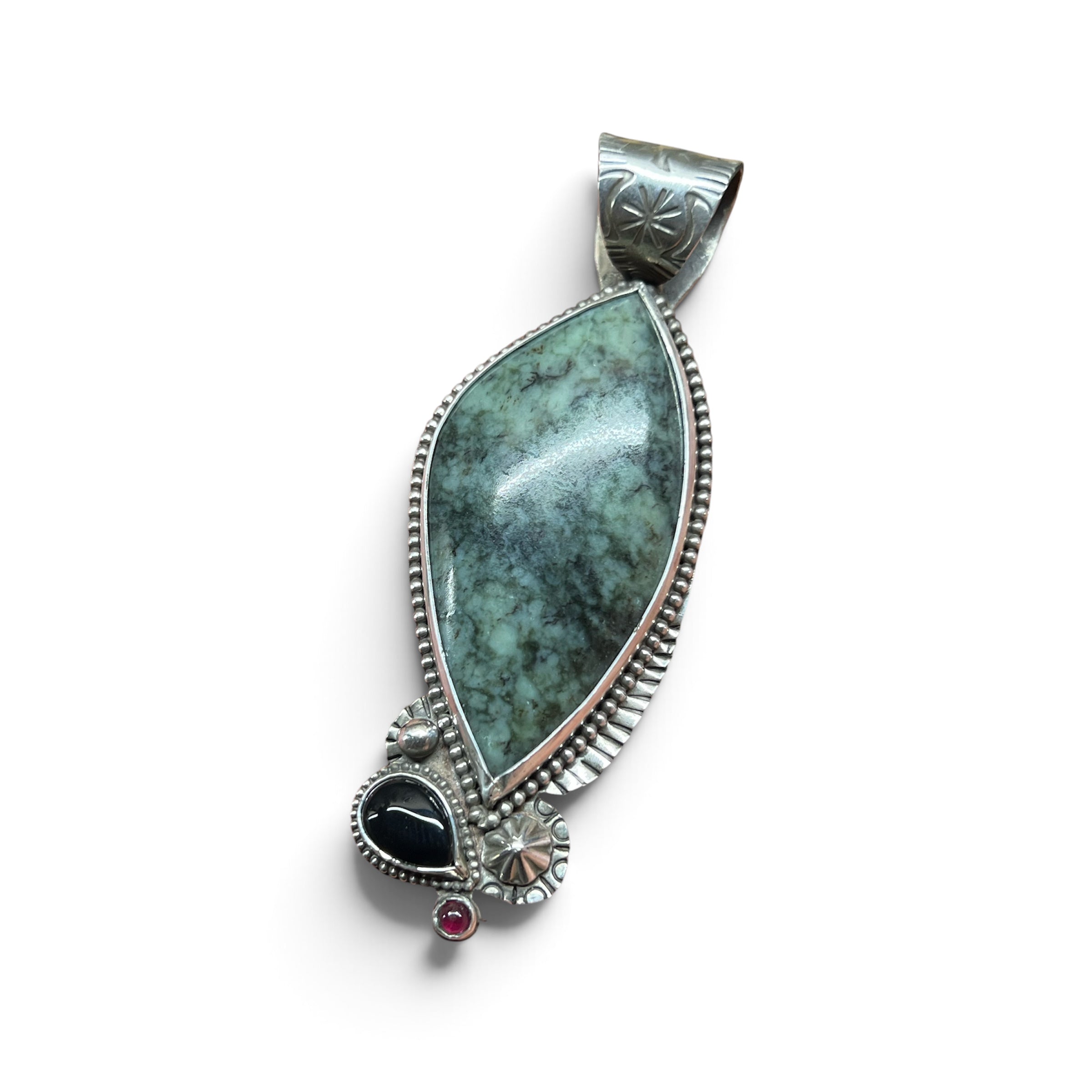 Wyoming Jade with Black Onyx and Ruby in Silver Pendant