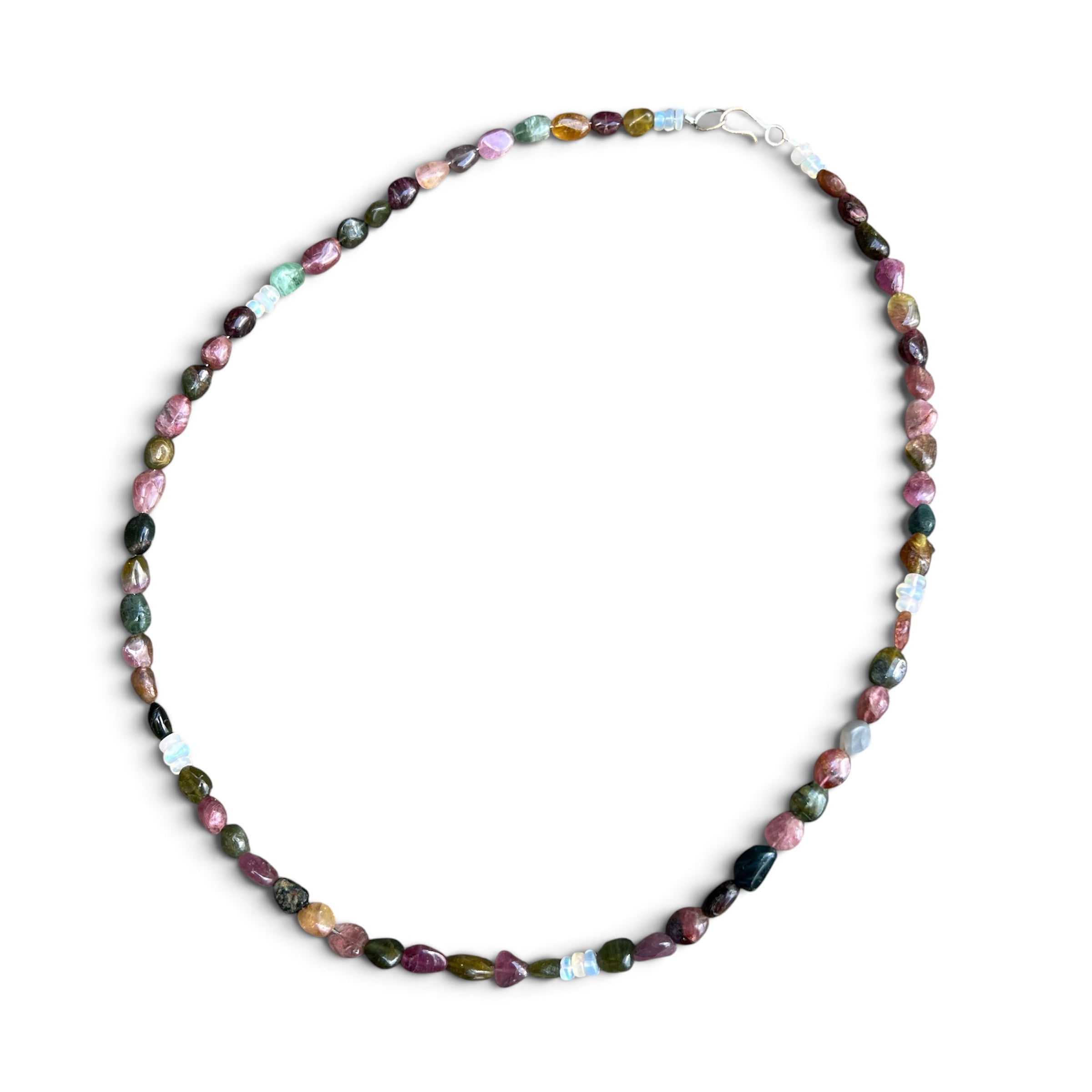 Tourmaline and Opal Beaded Necklace with Sterling Silver Clasp Jewelry