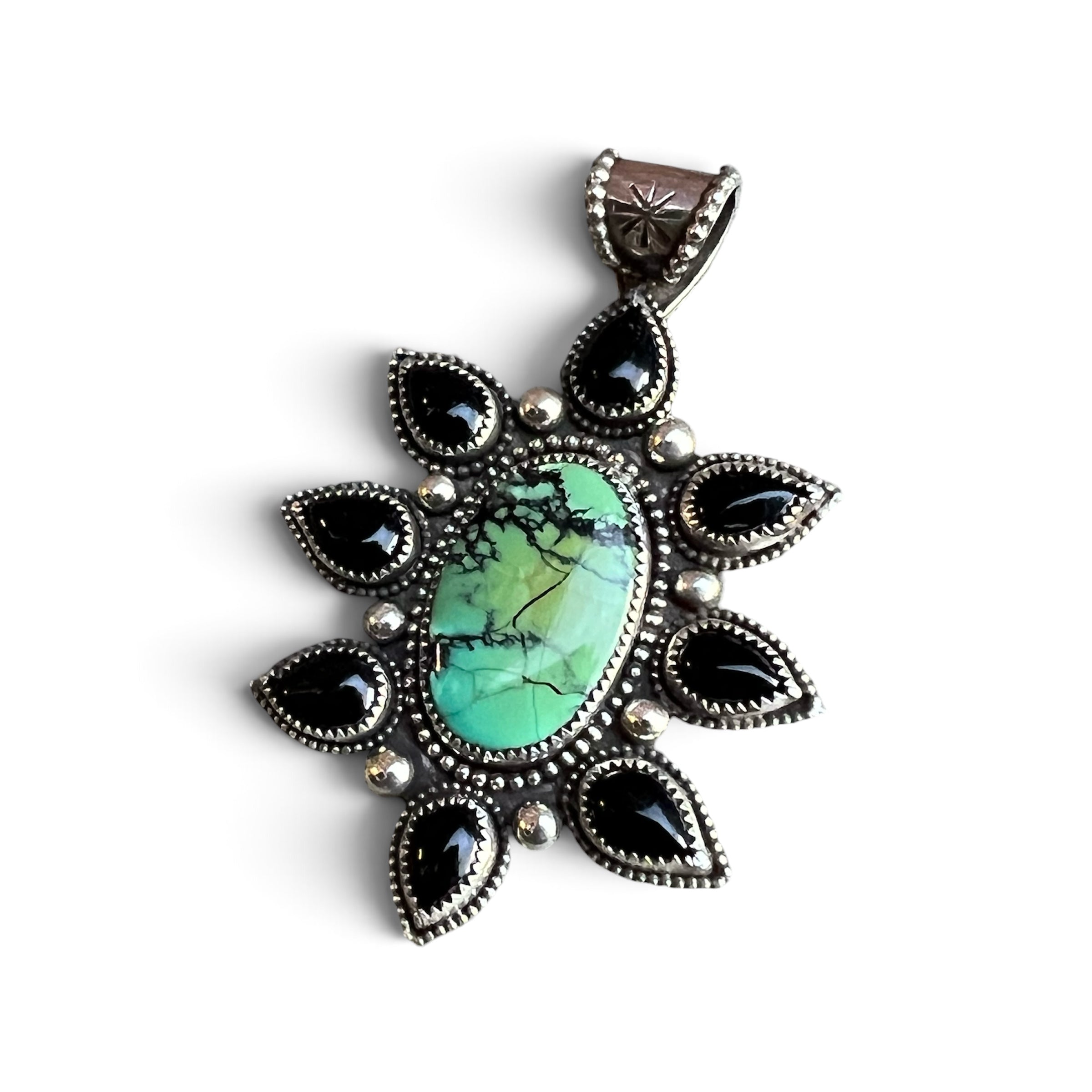 Hubei Turquoise with Black Onyx in Silver Pendant