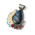 Black Alaskan Jade with Hand Carved Mammoth Ivory and Garnets in Silver Pendant