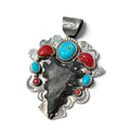 Hand Knapped Arrowhead with Kingman Turquoise and Mediterranean Coral in Silver Pendant