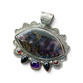 Idaho Wildfire Agate with Amethyst, Black Onyx, and Garnet Accents in Silver Pendant