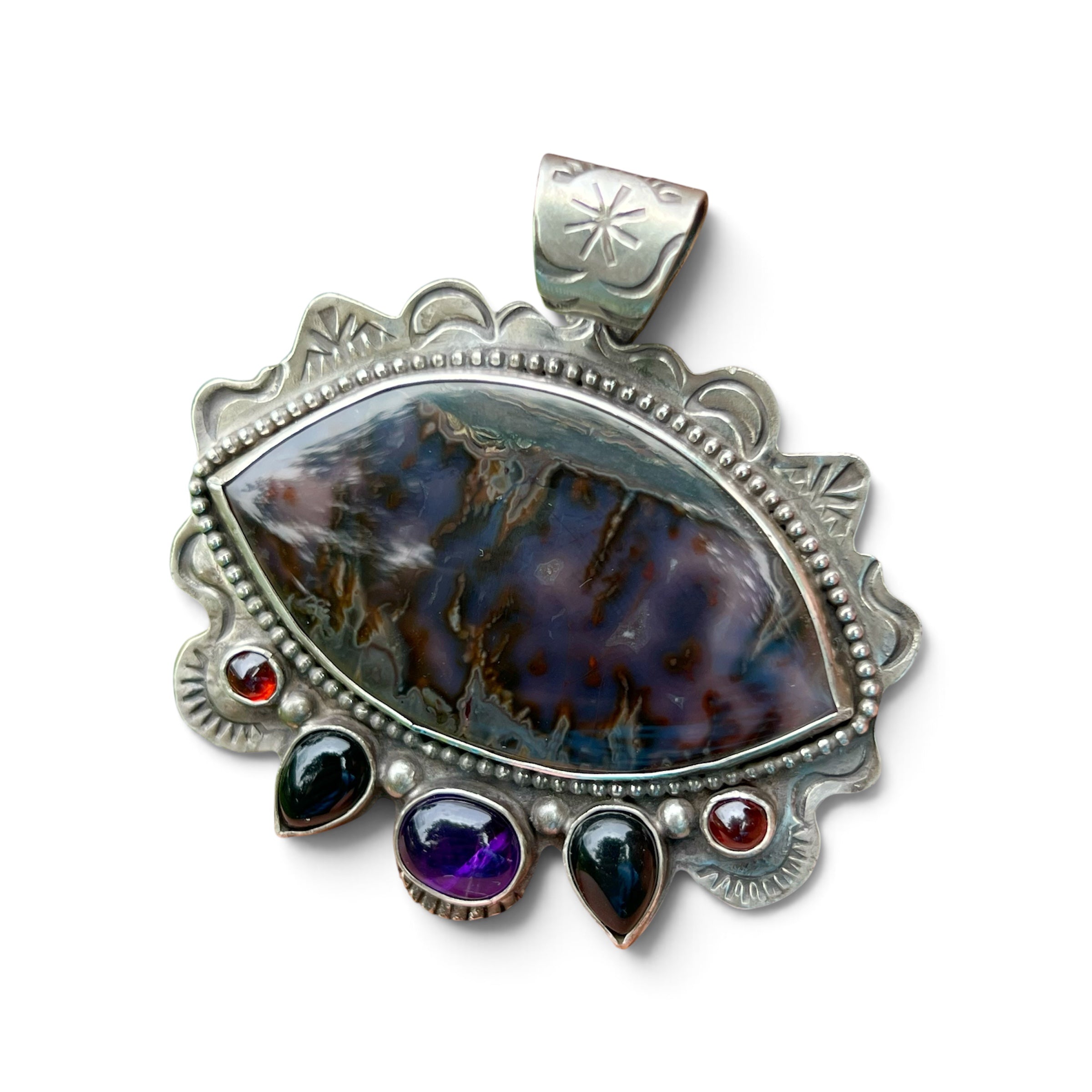 Idaho Wildfire Agate with Amethyst, Black Onyx, and Garnet Accents in Silver Pendant