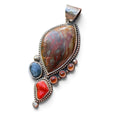 Morrisonite Jasper with Star Sapphire, Mediterranean Coral, and Spessartine Garnets in Silver Pendant