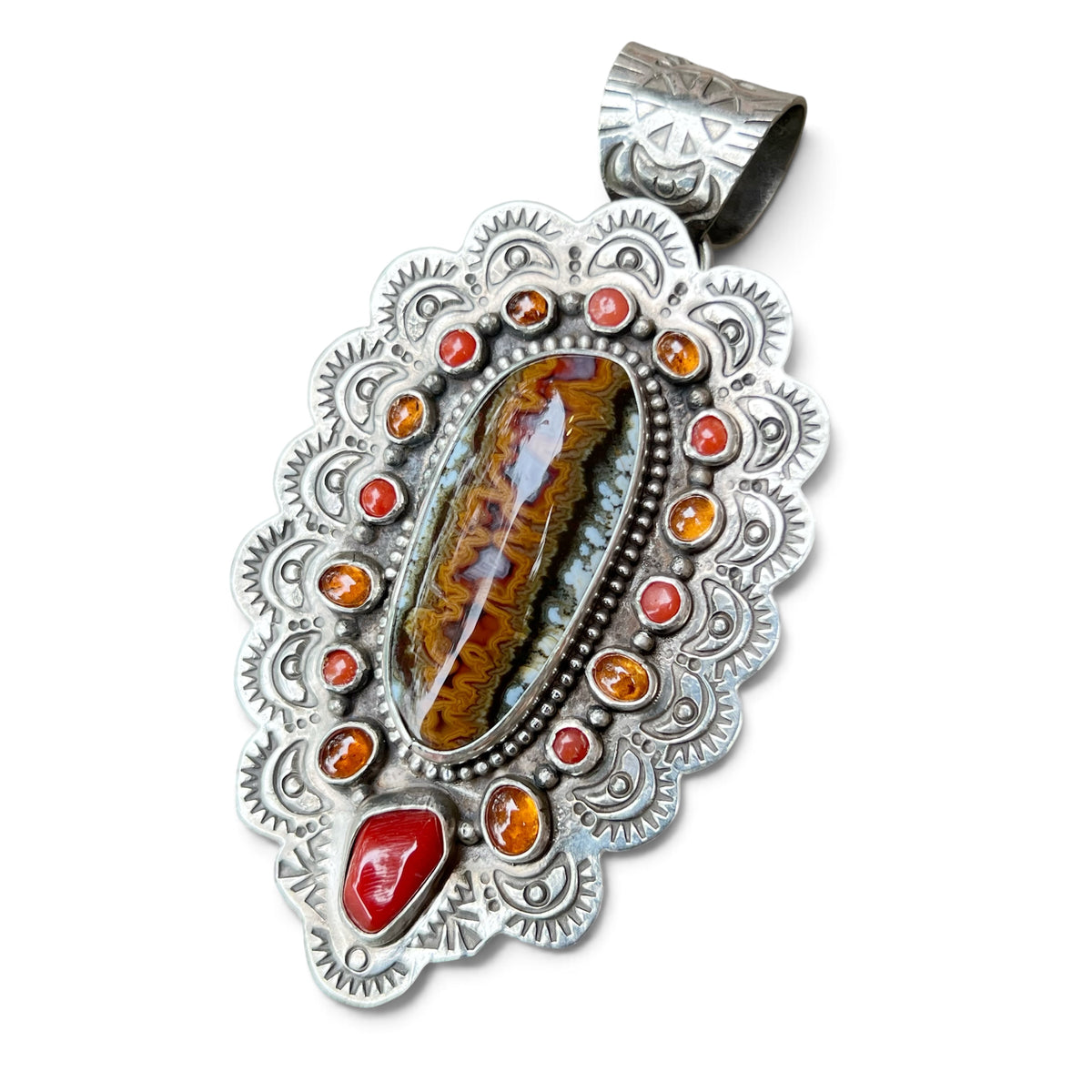 Hellsfire Agate from Nevada with Mediterranean Coral and Orange Spessartine Garnets in Silver Pendant