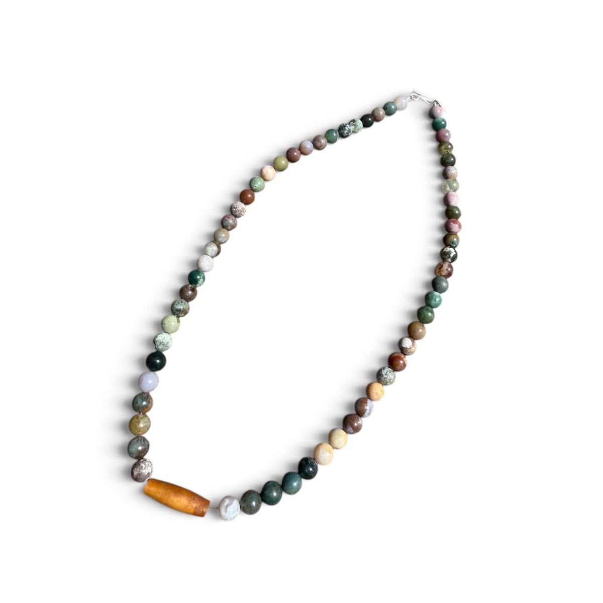 Jasper and Wood Beaded Necklace with Sterling Silver Clasp Jewelry