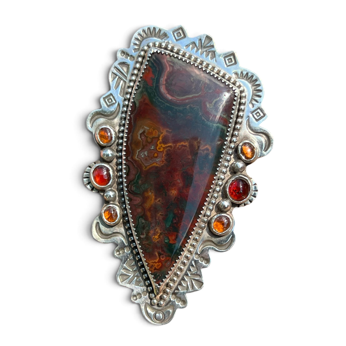 Idaho Wildfire Agate with Garnet accents in Silver Pendant