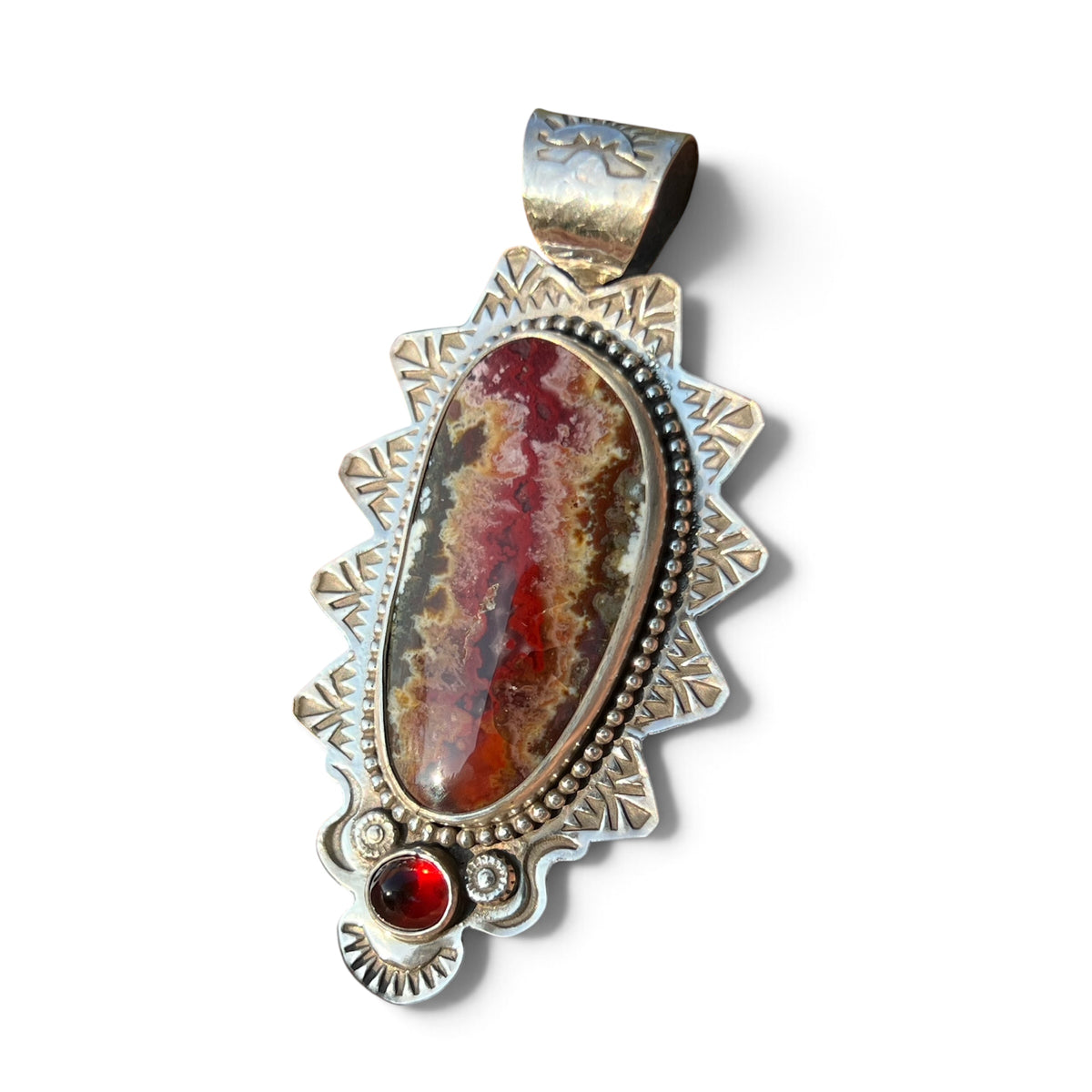 Hellfire Agate with Garnet in Silver Pendant