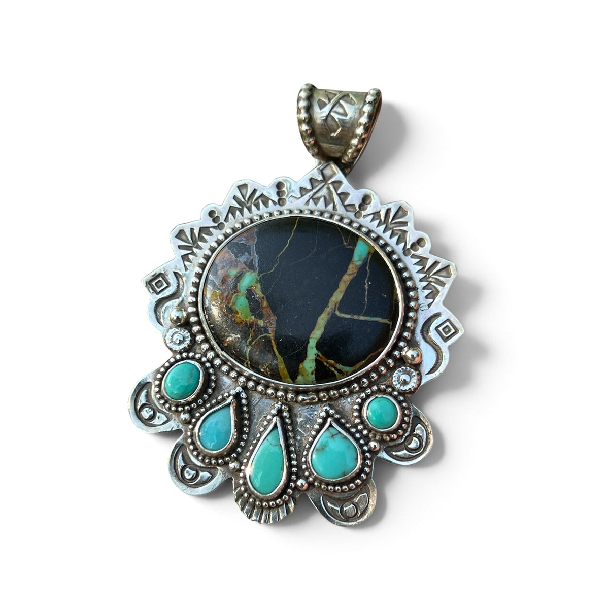 Blackjack Turquoise with Egyptian Turquoise accents in Silver Pendant