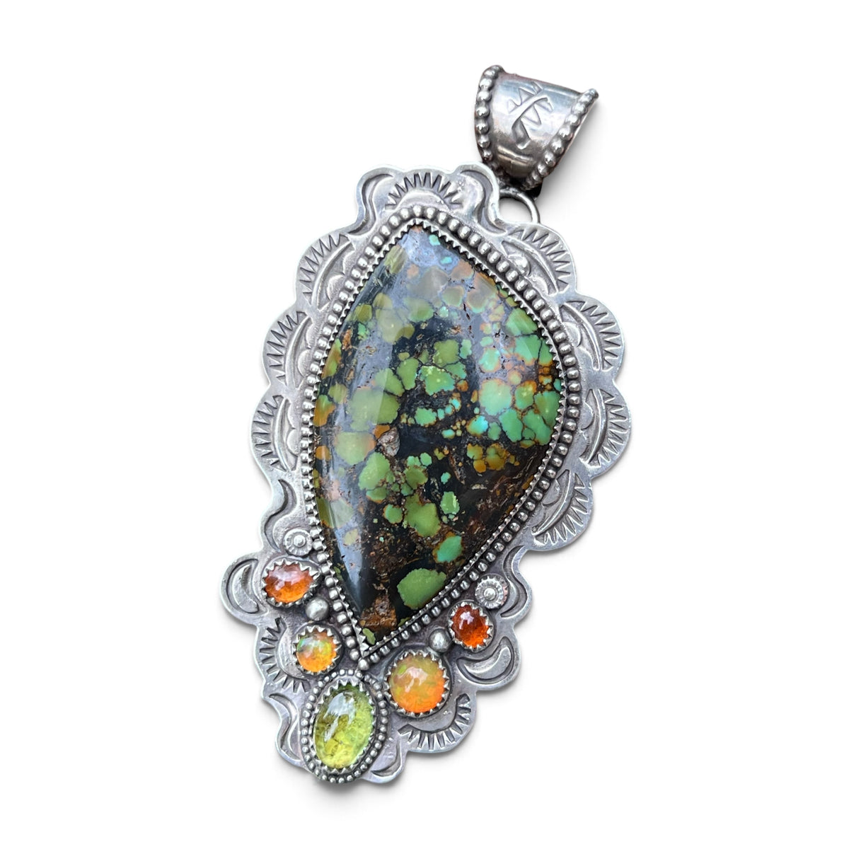 Hubei Turquoise Statement Pendant with Peridot, Welo Opal, and Spessartine Garnet accents in Silver