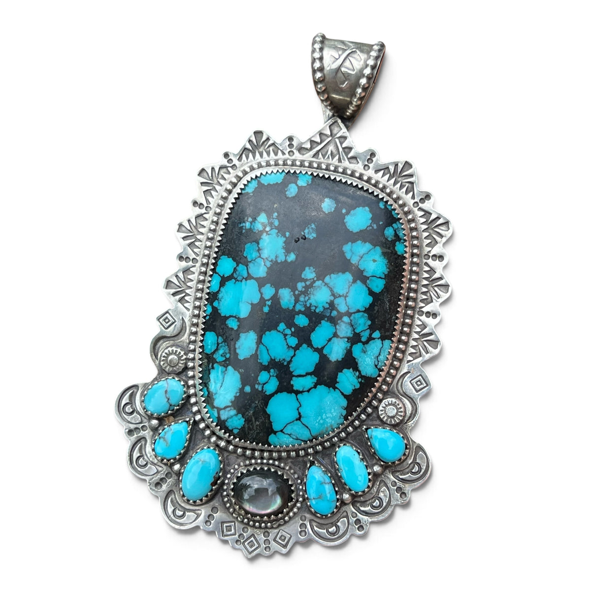 Hubei Turquoise Statement Pendant with Black Mother of Pearl and Egyptian Turquoise accents in Silver
