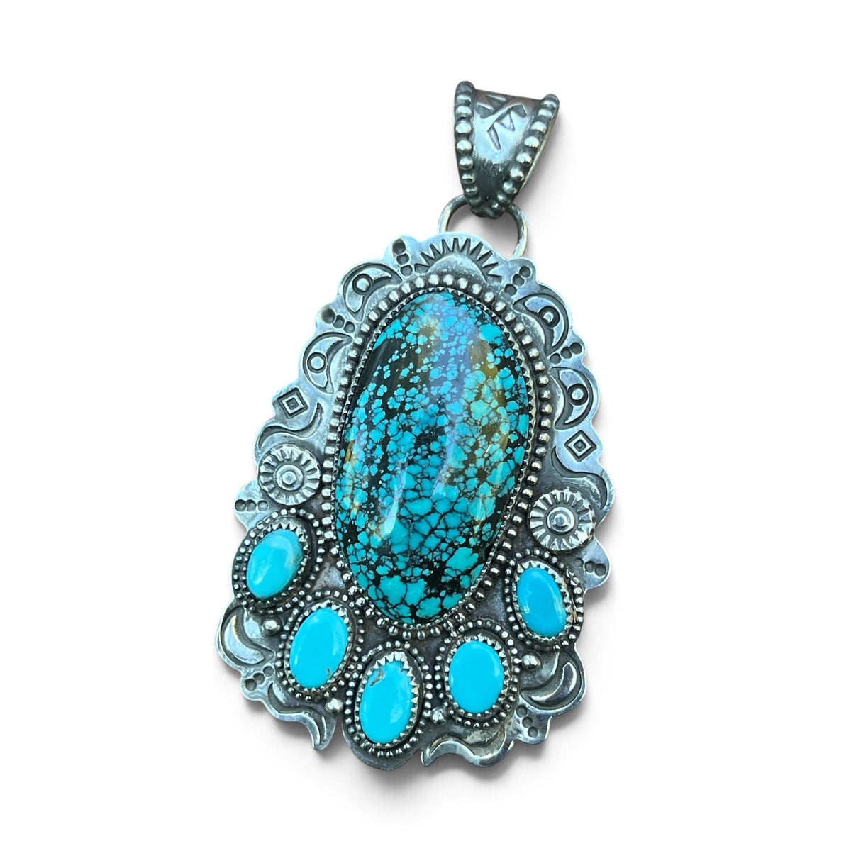 Spiderweb Hubei Turquoise with Egyptian Turquoise accents in Silver Pendant