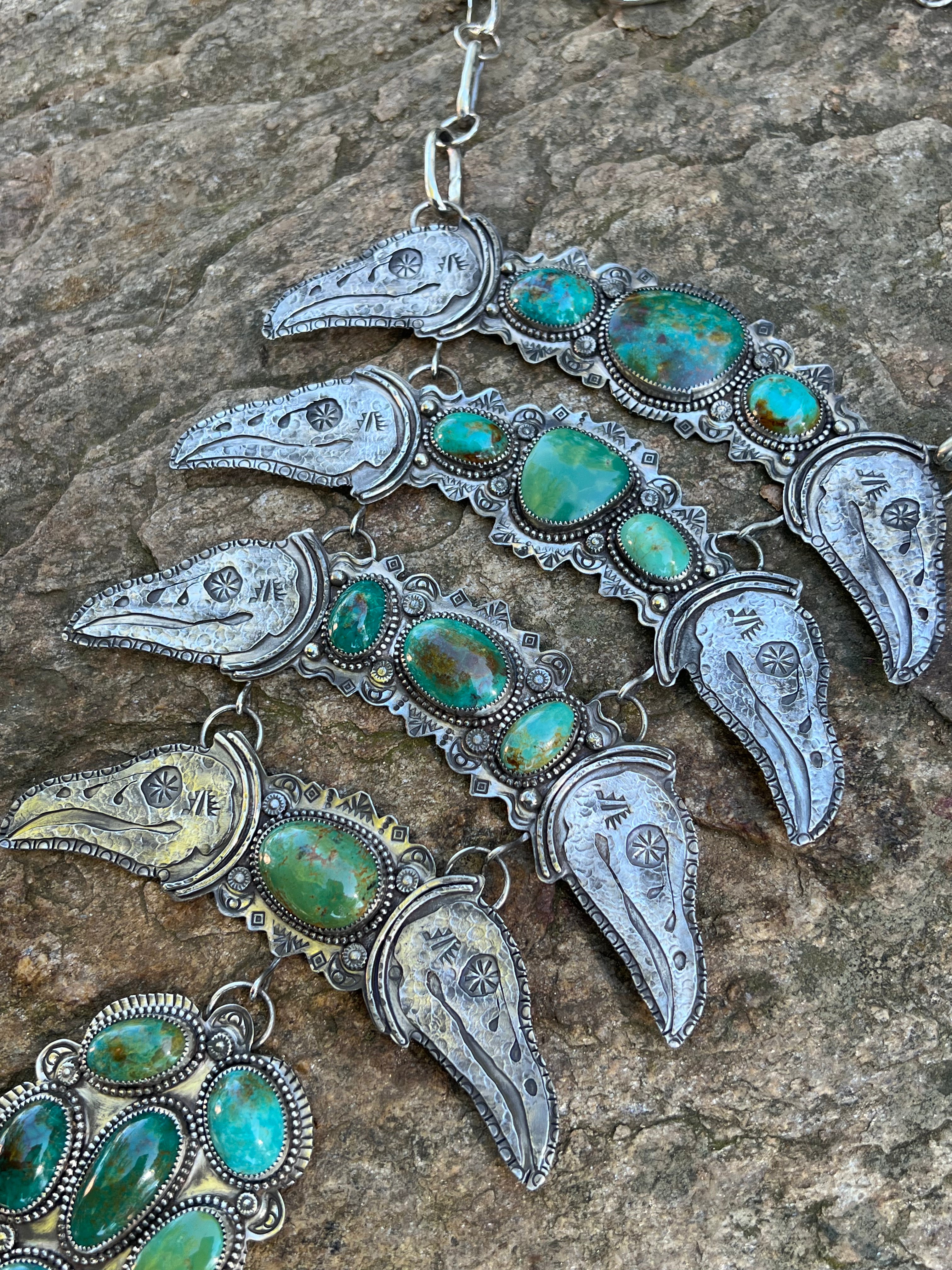 “The Raven’s Reliquary” Kingman Turquoise Breastplate Necklace in Silver