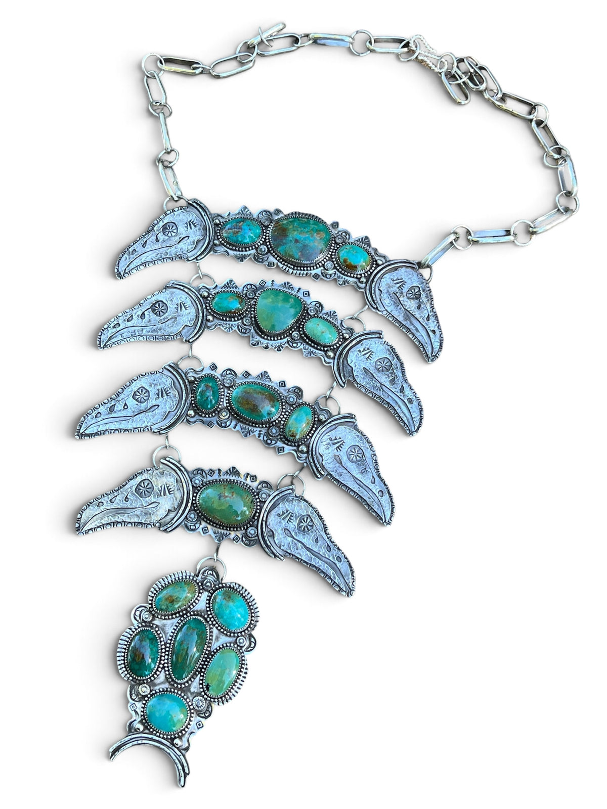 “The Raven’s Reliquary” Kingman Turquoise Breastplate Necklace in Silver
