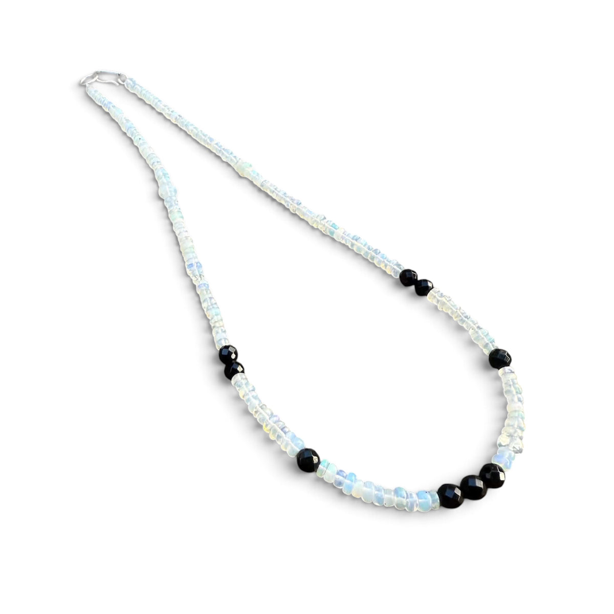 Faceted Onyx and Opal Beaded Necklace with Sterling Silver Clasp Jewelry