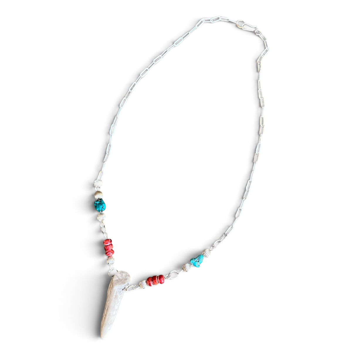 Deer Antler with Turquoise and Red Spiny Oyster Necklace in Sterling Silver
