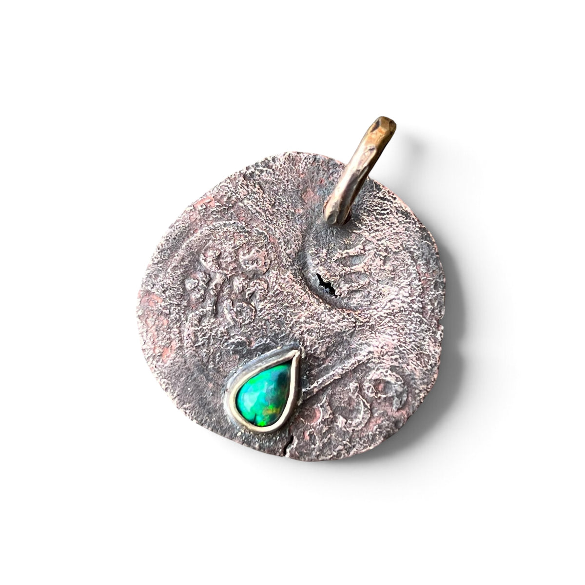 1600’s Colonial Spanish Copper Cob Coin Pendant with Ethiopian Opal